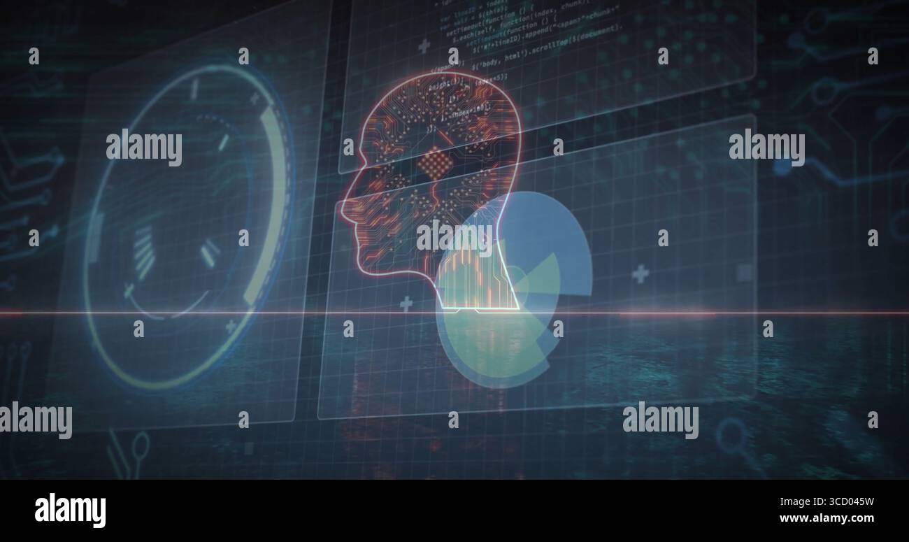 Displaying hologram head glowing with circuit network on grid plane, radar HUD, chart, code window Stock Photo