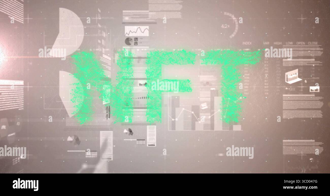 Displaying pixelated green NFT acronym floating over dashboard with chart elements and data tables Stock Photo