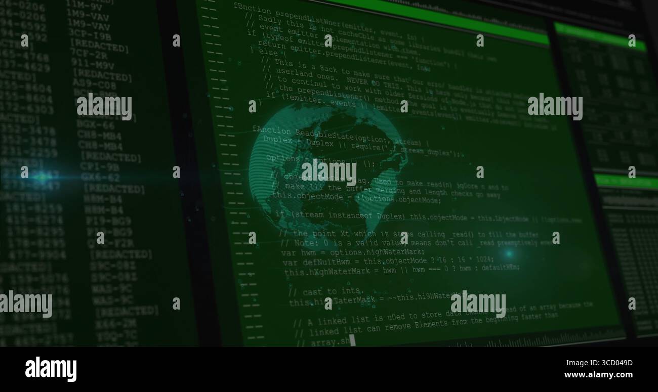 Displaying code window in code editor interface, with green code, globe overlay and redacted tags Stock Photo