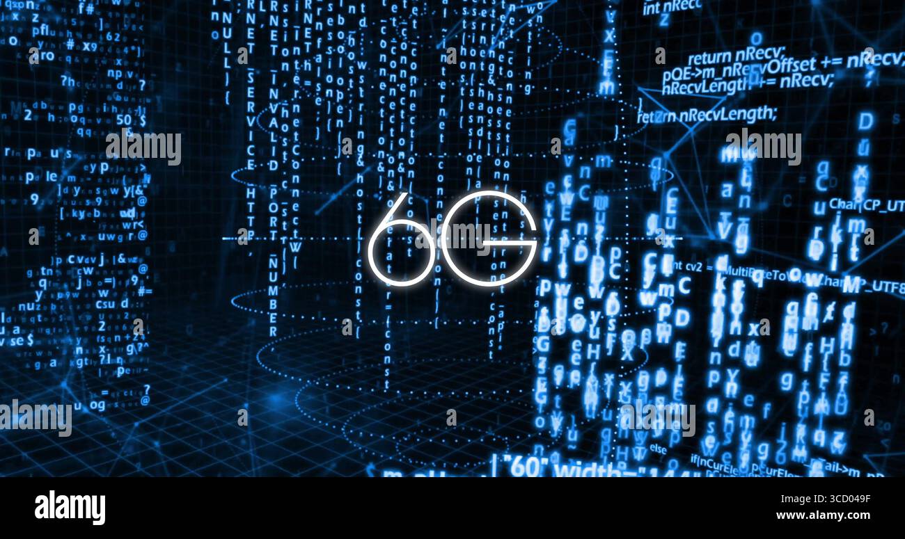 Glowing 6G emblem hovering in virtual cyberspace, with code streams and dotted data-flow lines Stock Photo