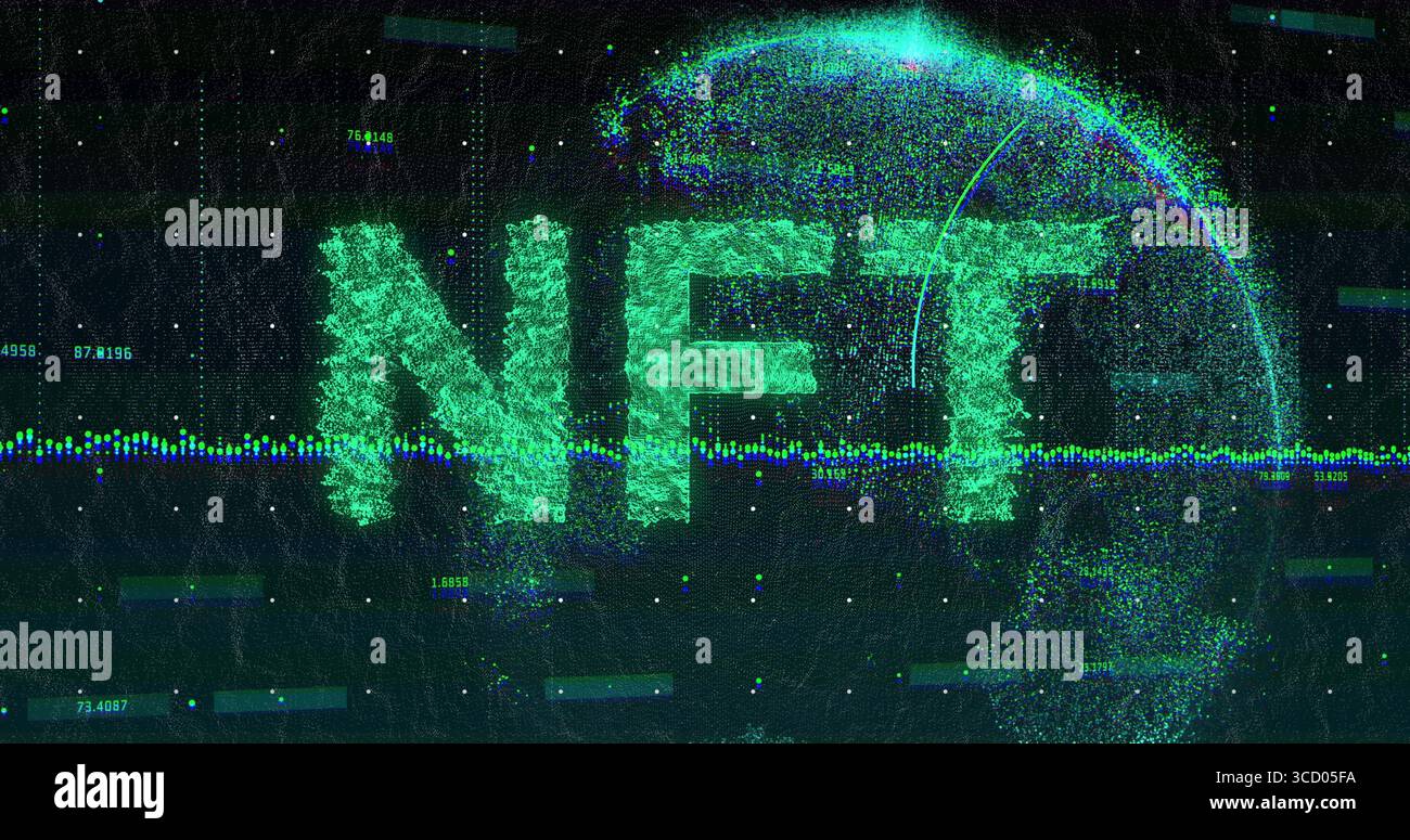 Pulsing pixelated NFT letters in cyberspace net, with wireframe globe and numeric data waveform Stock Photo
