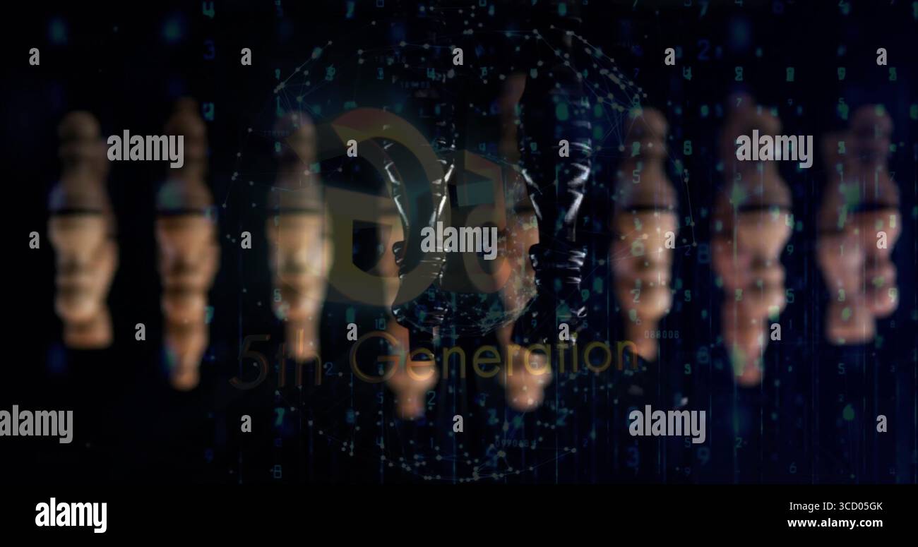 5G 5th Gen logo floating over wireframe globe in cyberspace, green binary streams, blurred faces Stock Photo