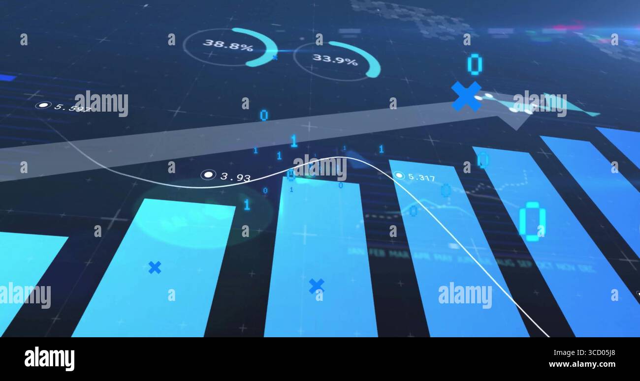 Displaying blue bar chart and line graph at dark grid plane, with ...