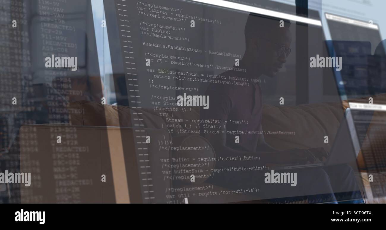 Developer wearing shirt and glasses typing code in office, with 3 screens showing JavaScript code Stock Photo
