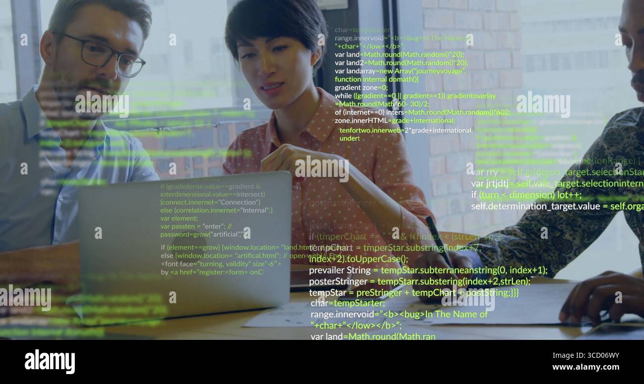 Collaborating tech professionals analyzing code at conference table, with laptop and coffee mug Stock Photo
