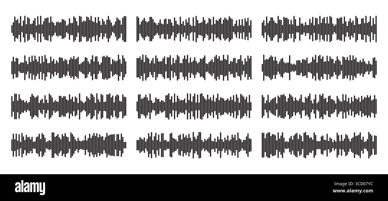 Audio wave tune print, voice message, podcast audio recording. Vector audio player soundwave visualization or voice message sound wave. Podcast audio Stock Vector