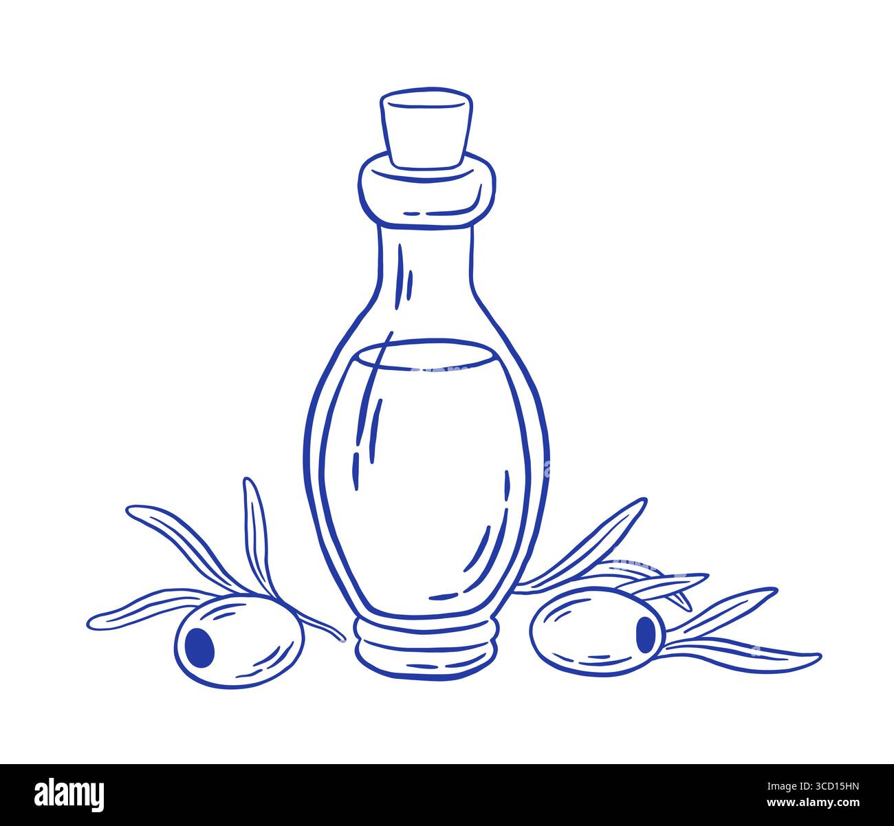 Hand draw olive oil in glass bottle with fresh olives and leaves vector ...