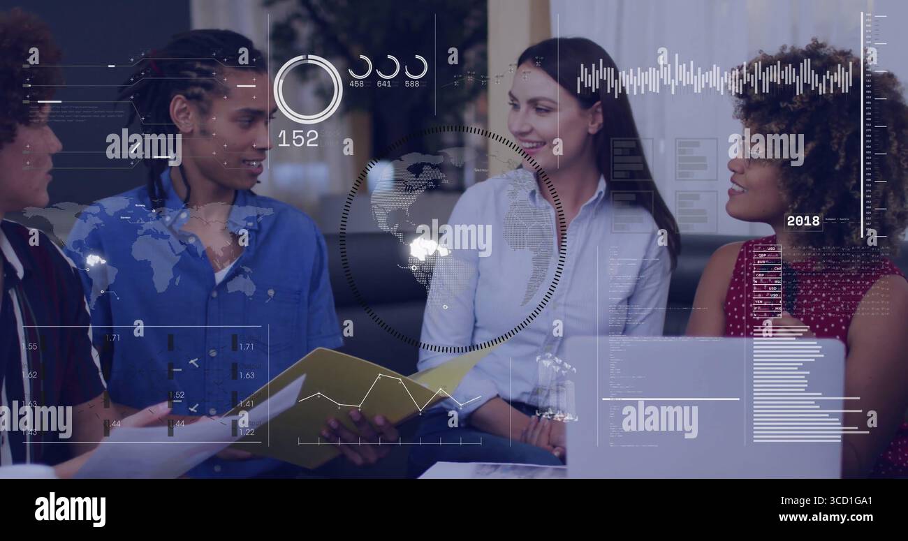 Discussing group of four coworkers using laptop and documents in office lounge, with data overlays Stock Photo