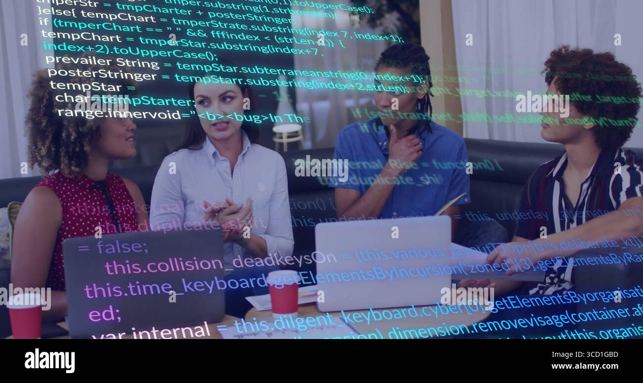Discussing software developers gesturing, listening in office with laptops and code overlay Stock Photo