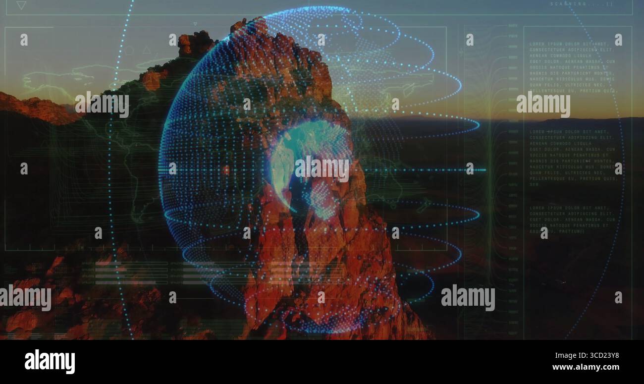 Displaying rock projecting digital globe with interface schematics streaming data in desert canyon Stock Photo