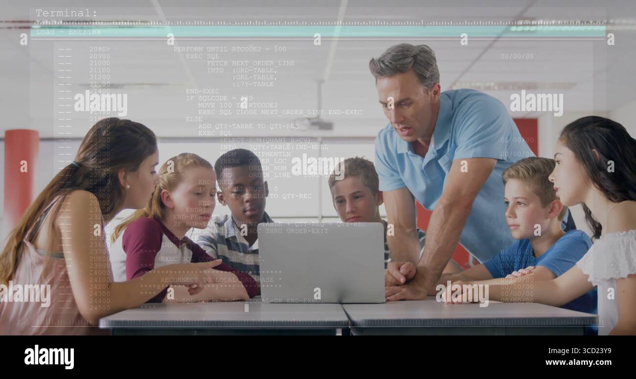 Guiding male instructor leaning over table instructing students at lab, with laptop code overlay Stock Photo