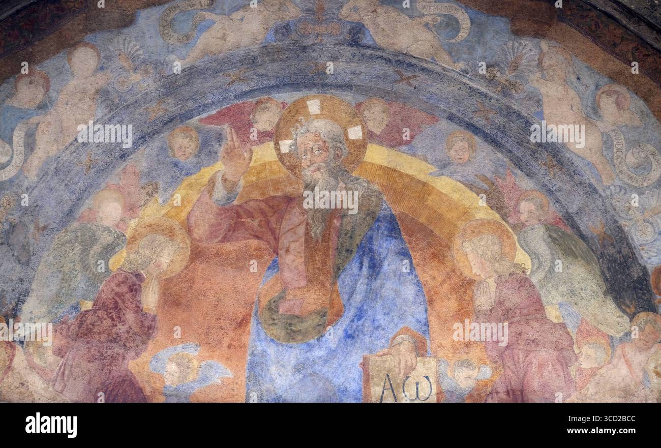 The Eternal Father and the Holy Innocents Martyrs, frescoed lunette by Giovanni di Francesco, Ospedale degli Innocenti - Exterior arcade, Florence, It Stock Photo