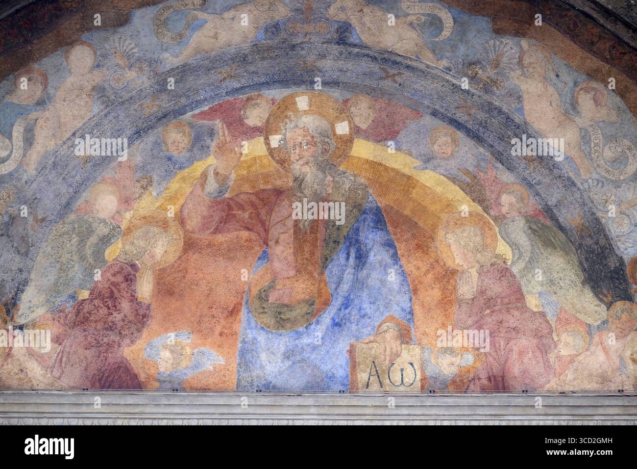 The Eternal Father and the Holy Innocents Martyrs, frescoed lunette by Giovanni di Francesco, Ospedale degli Innocenti - Exterior arcade, Florence, It Stock Photo