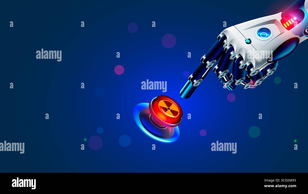 The robot hand presses the red nuclear button. A cyborg or robot presses the button to launch nuclear missiles with his index finger. AI is rebelling Stock Vector