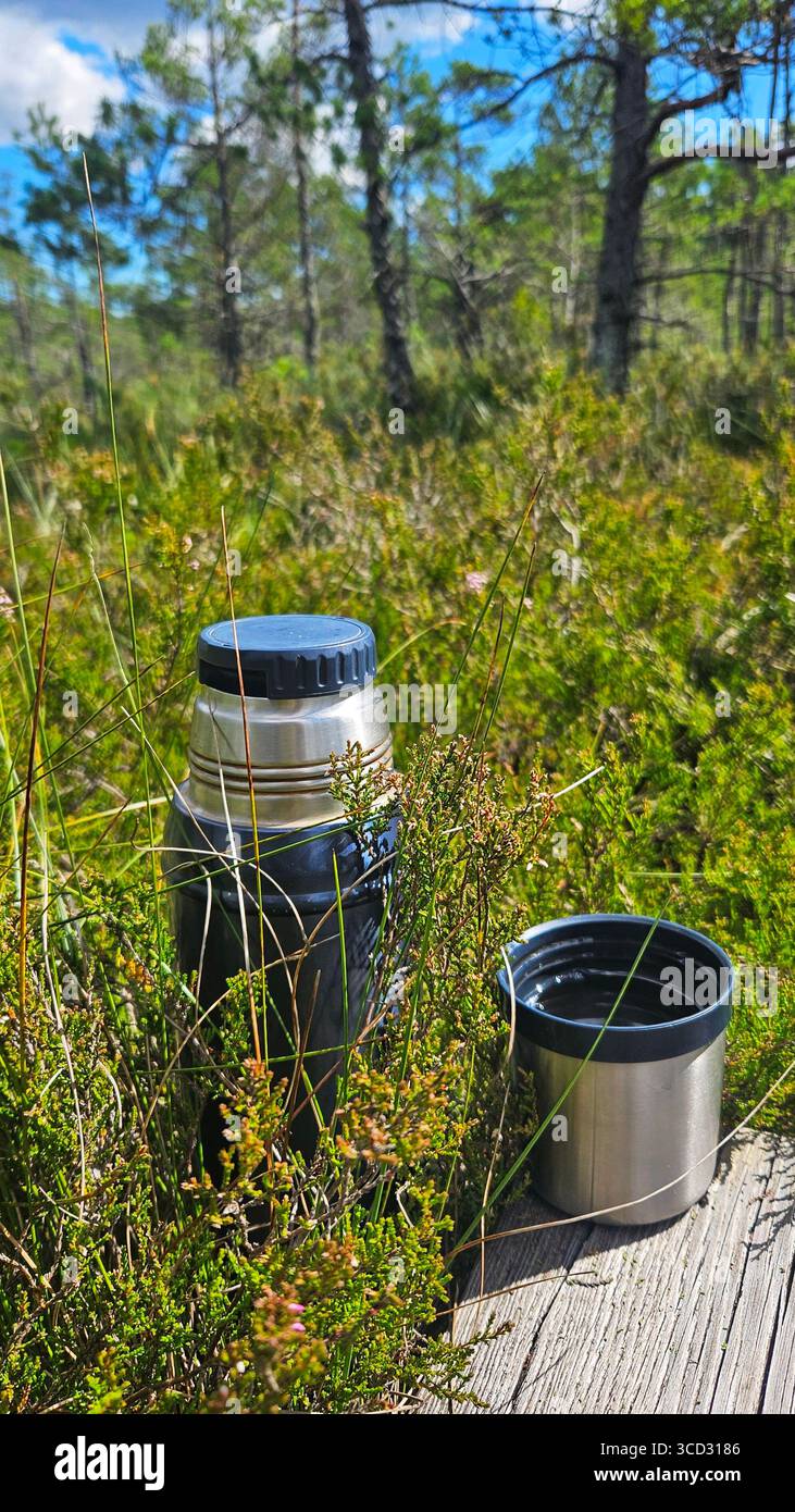 Thermos with herbal organic tea in forest nature setting - Smartphone Captured Stock Image