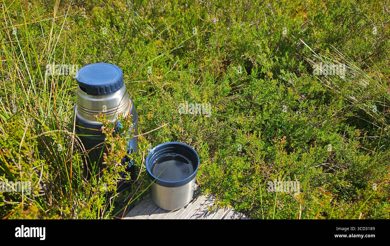 Thermos with herbal organic tea in forest nature setting - Smartphone Captured Stock Image