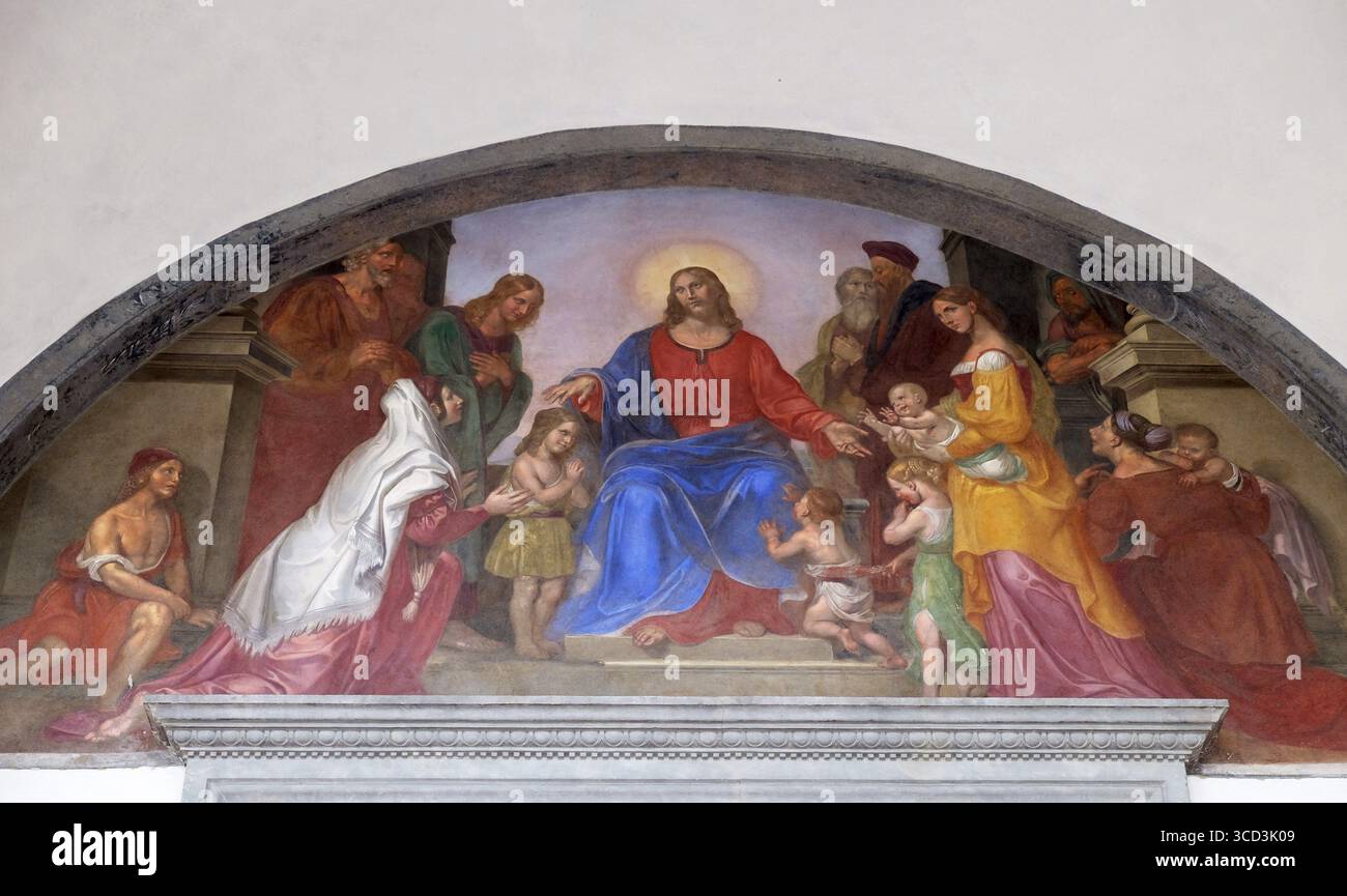 Jesus blesses the children, frescoed lunette, Ospedale degli Innocenti - Exterior arcade, Florence, Italy Stock Photo