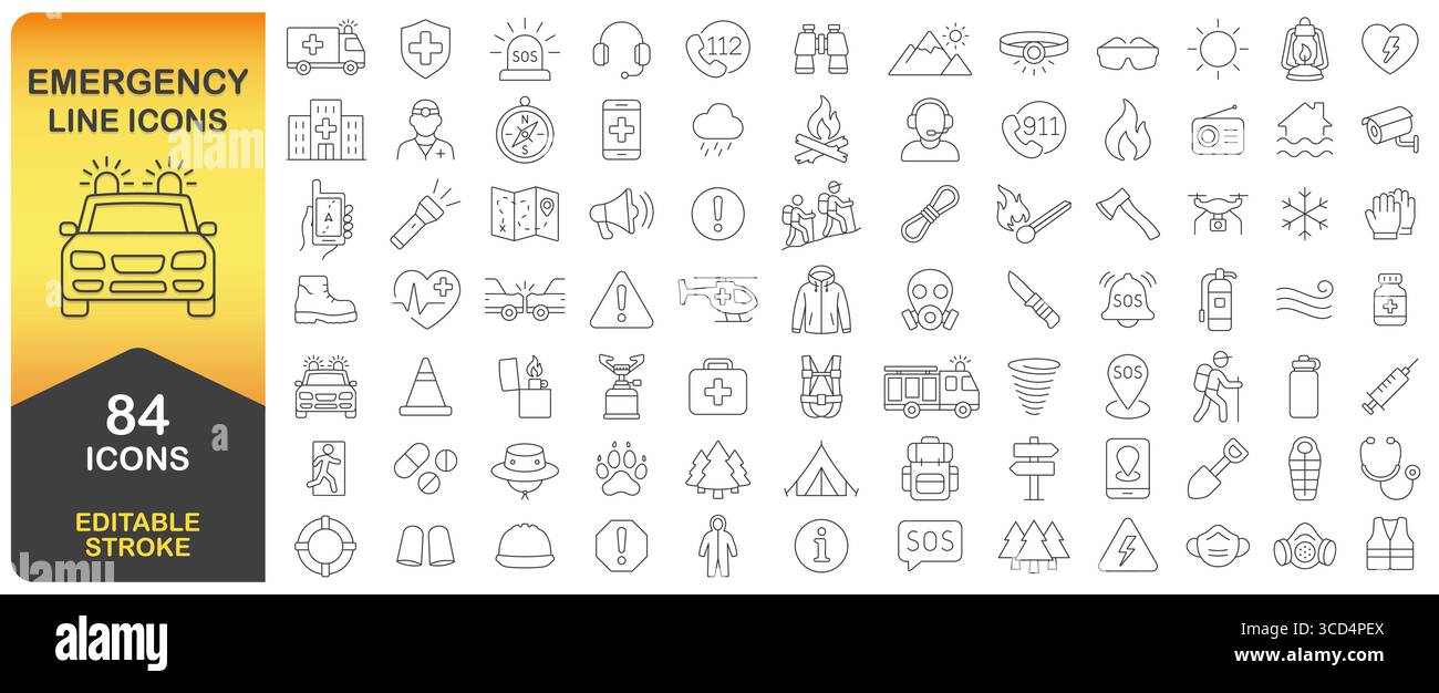 Emergency Editable Stroke Line Icon Set. Simple Minimal Thin Emergency ...