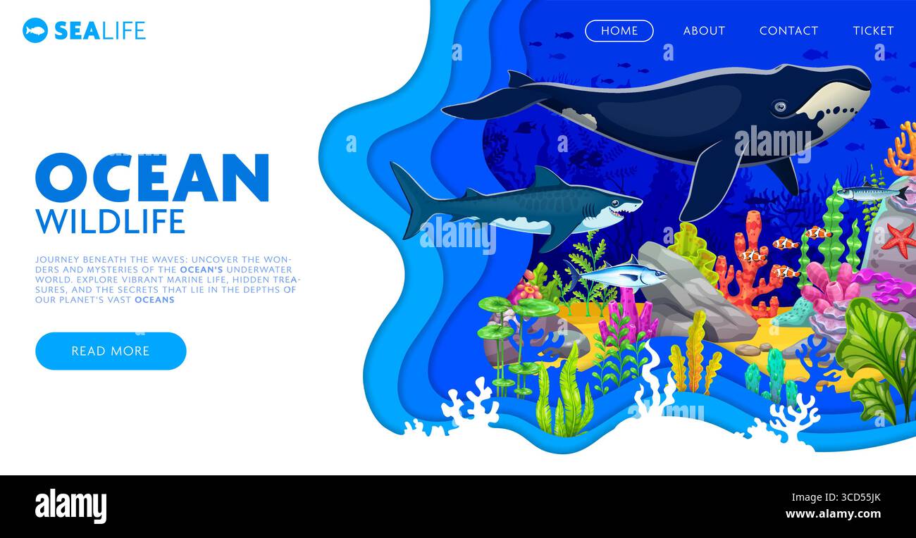 Paper cut landing page with sea animals in underwater landscape, vector ...