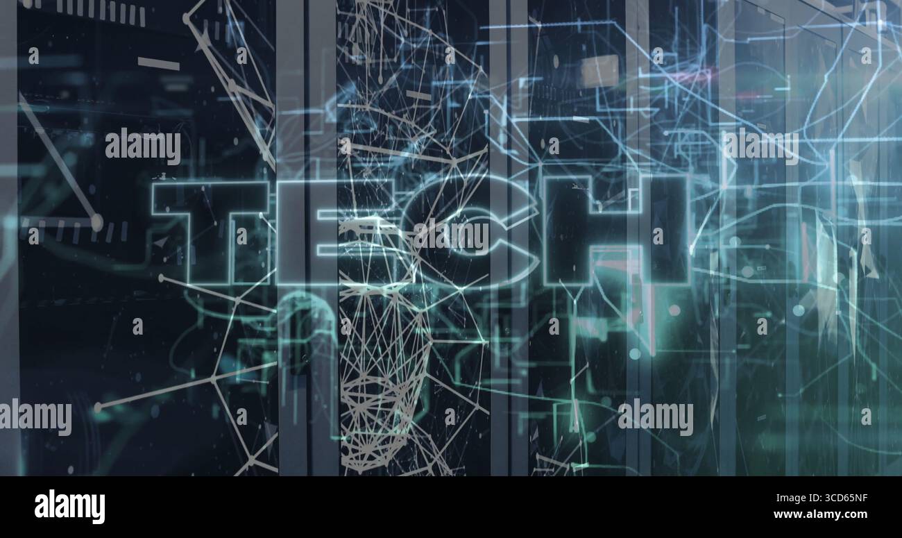 Displaying large transparent TECH text over translucent panels in digital grid, with neon nodes Stock Photo