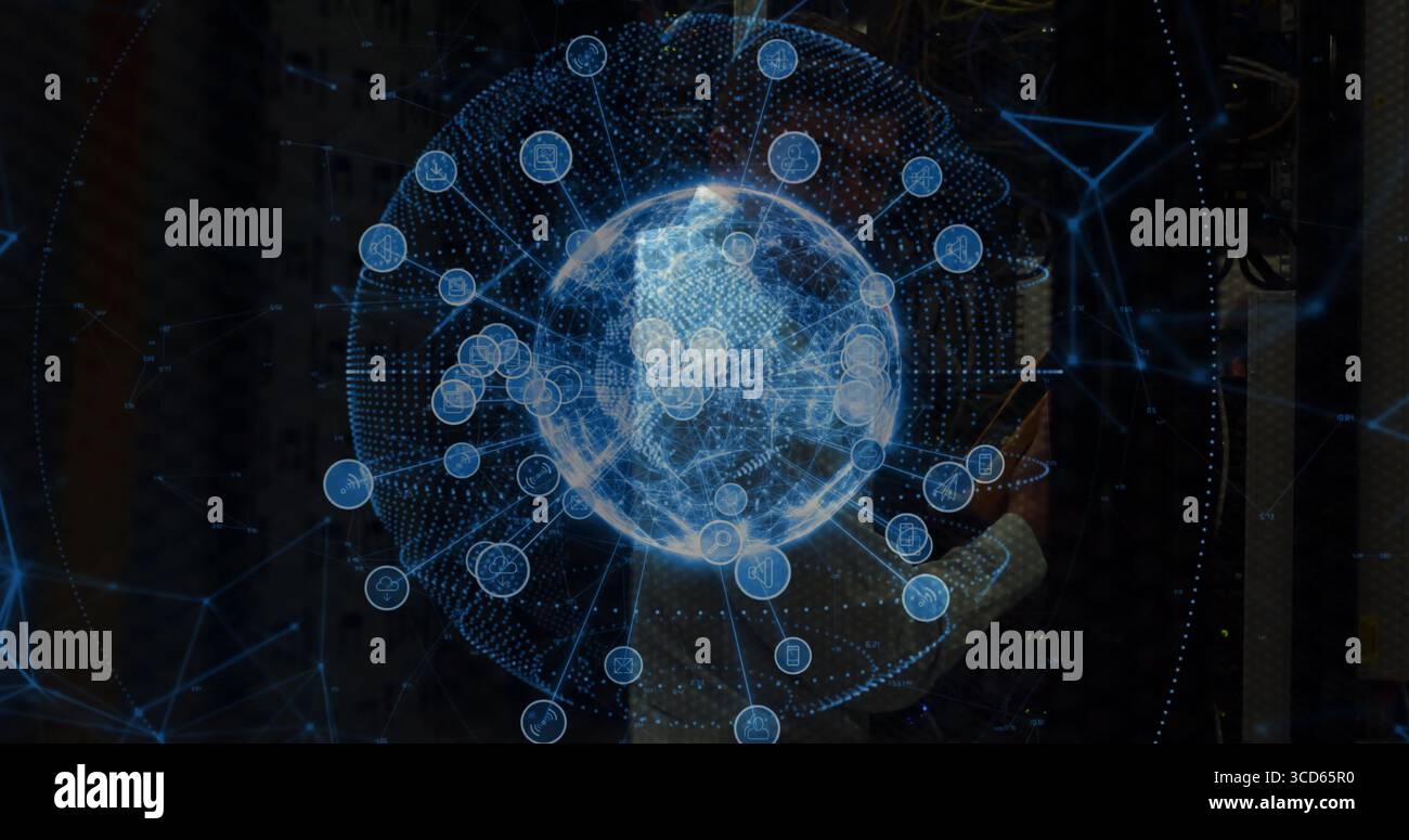 Analyzing IT engineer in blazer viewing holographic globe in data center aisle, with server racks Stock Photo