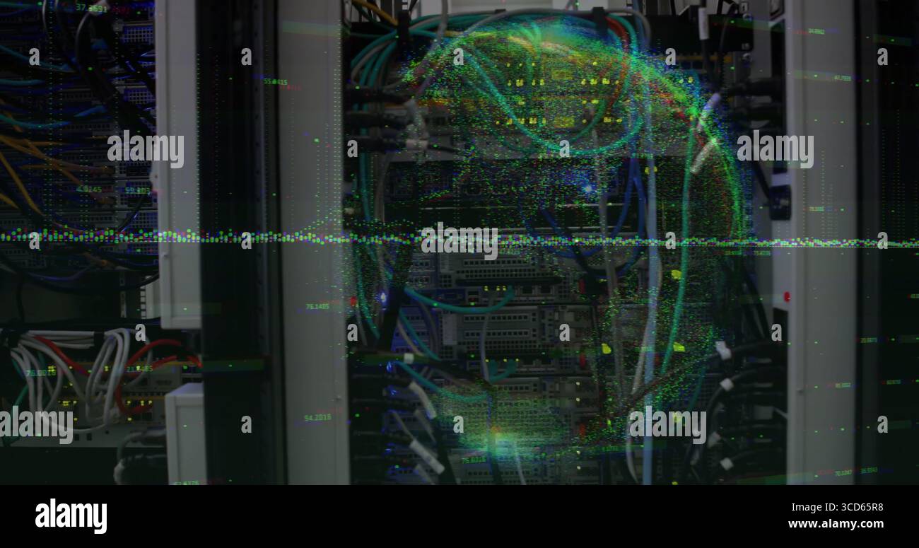 Displaying server racks projecting hologram network sphere in server room showing Ethernet cables Stock Photo