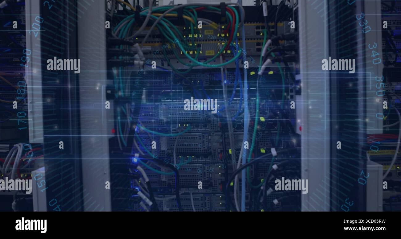 Displaying central server rack humming in data center, with multicolored cables and glowing LEDs Stock Photo