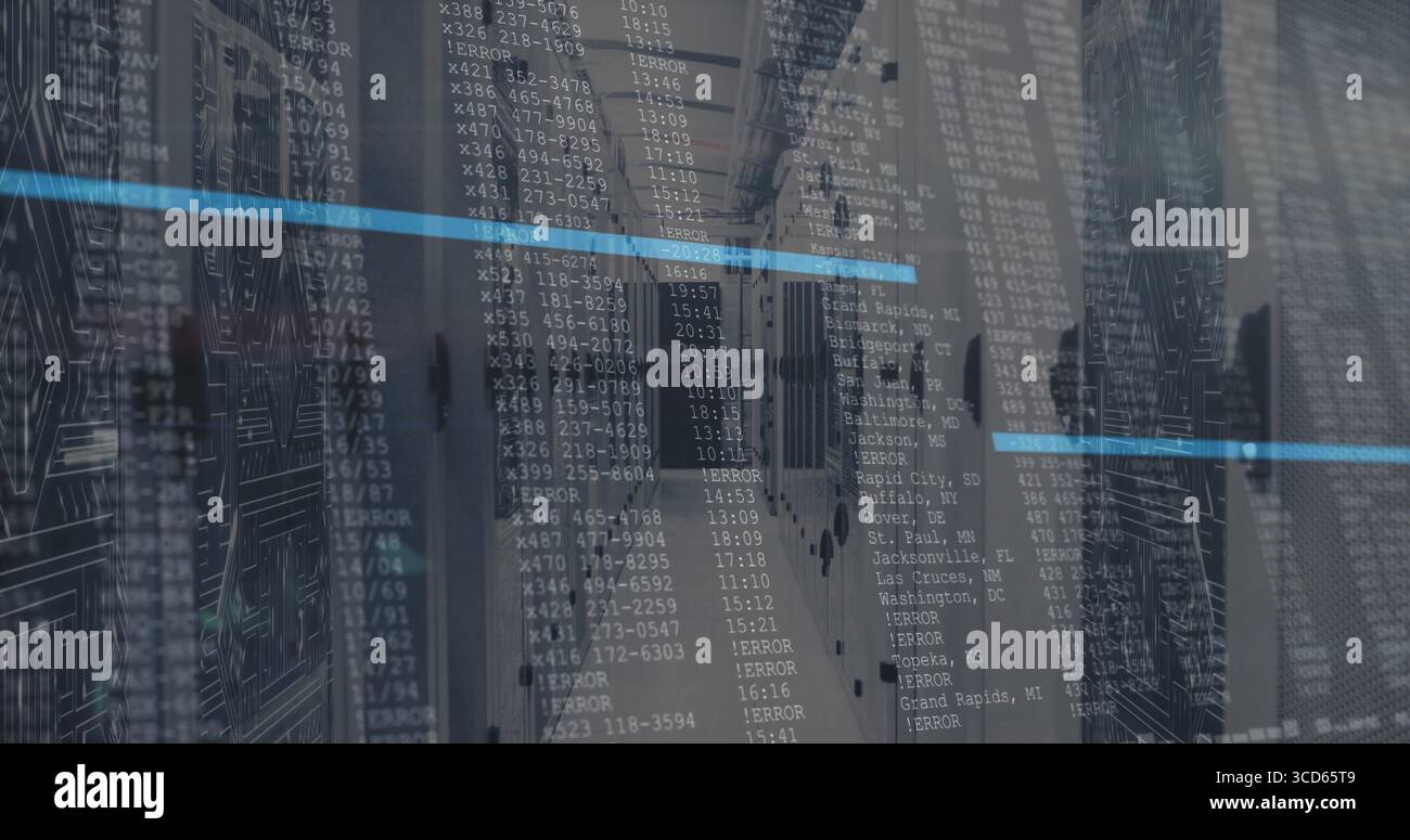 Displaying server racks reflecting floor in datacenter hall, floating code overlay with LED lights Stock Photo