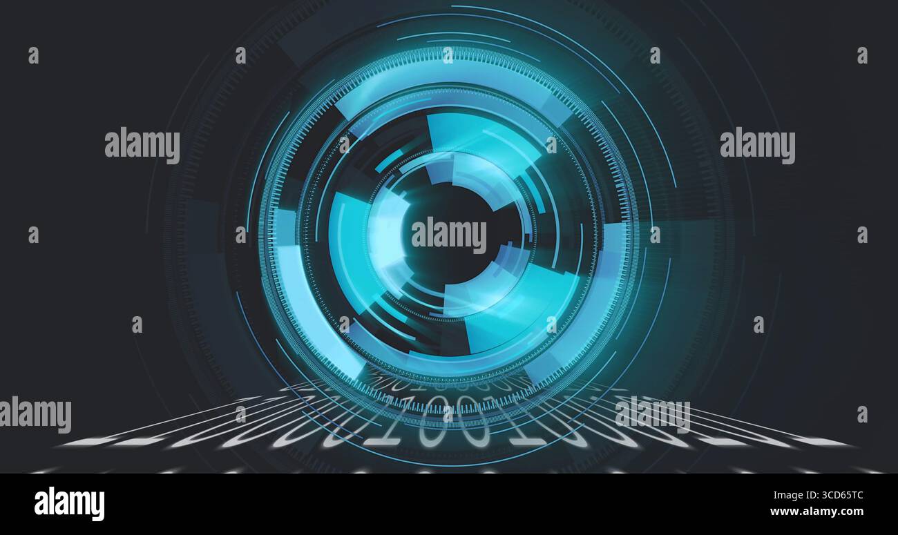 Pulsing circular digital interface projecting binary code stream on virtual plane, data display Stock Photo