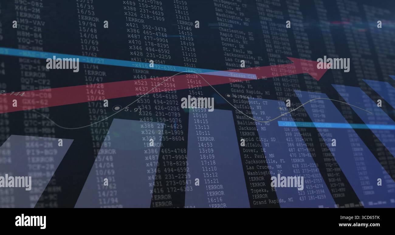 Displaying data dashboard on screen, featuring red and blue arrows, line graph and numeric columns Stock Photo