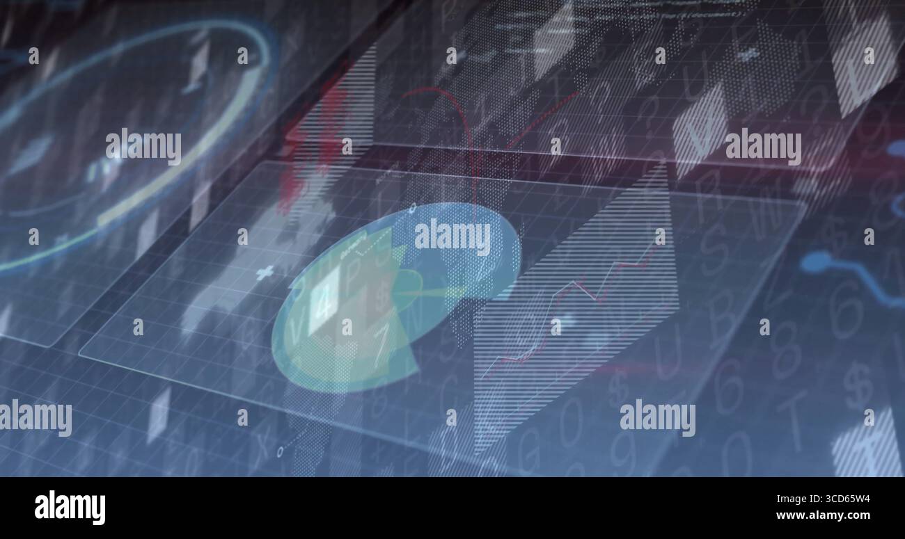 Displaying holographic interface panel in analytics dashboard, with pie chart segments, line graph Stock Photo