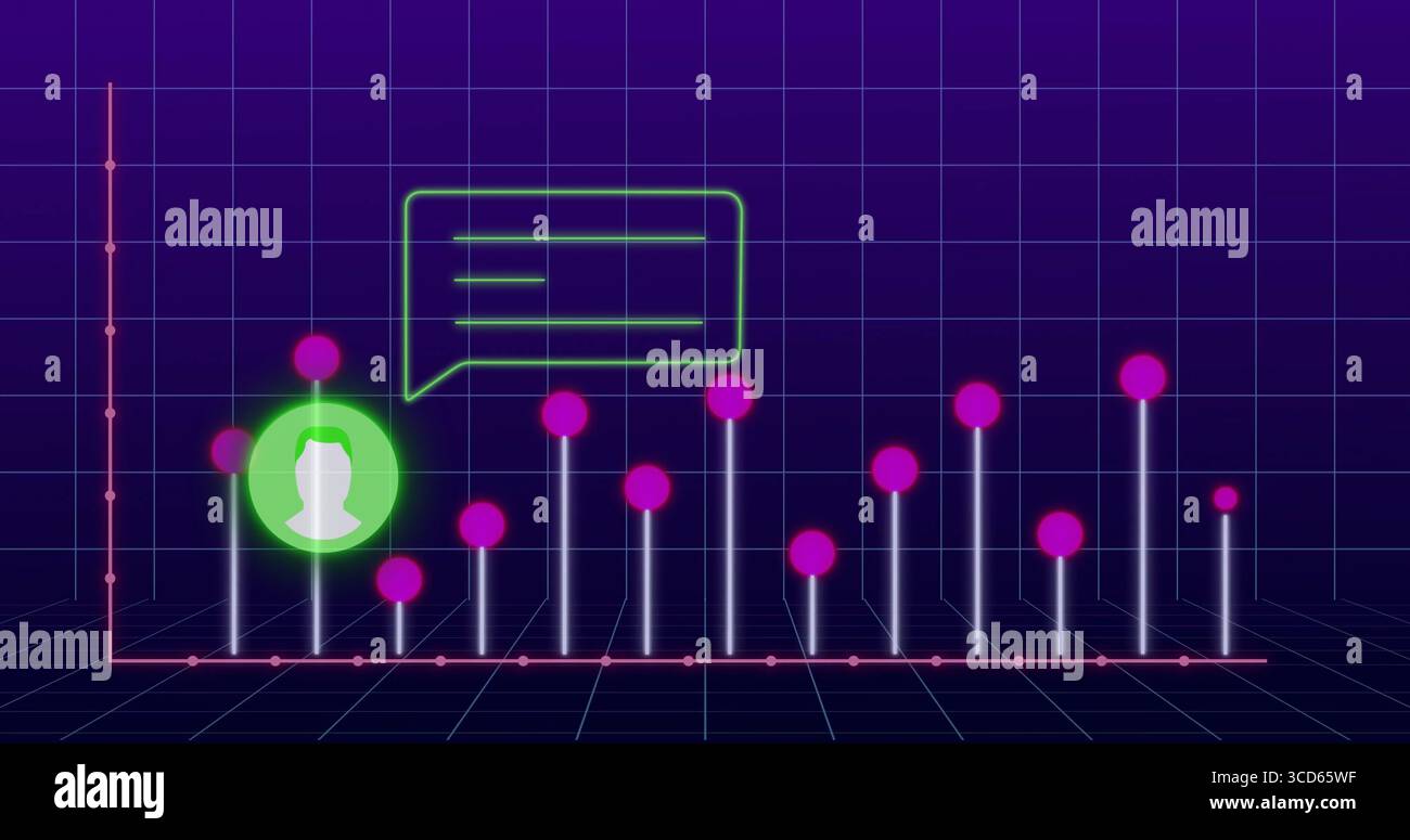 Displaying 3D bar-chart hovering over grid environment, with bars, magenta spheres, avatar bubble Stock Photo