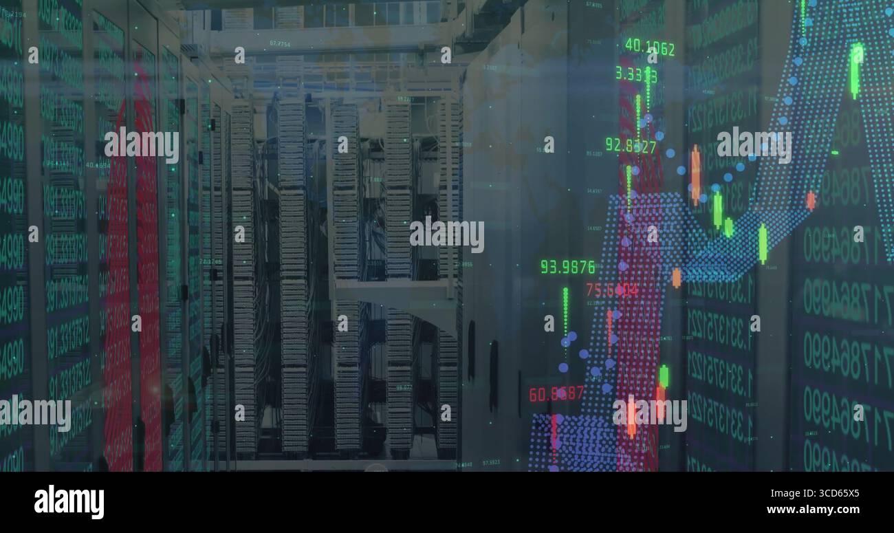 Displaying server rack cabinets hosting scrolling code and stock charts ...