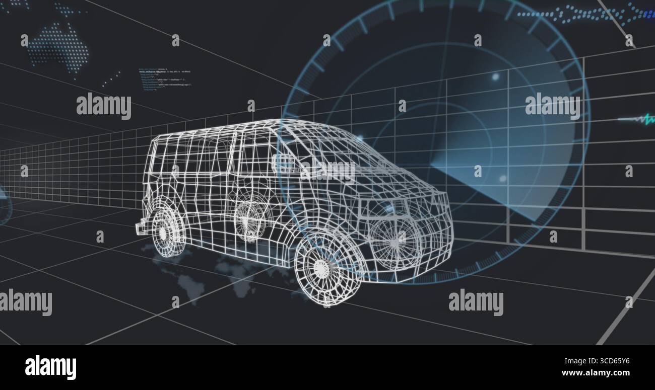 Rotating wireframe van model in 3D space, with grid floor, world map overlay and HUD elements Stock Photo