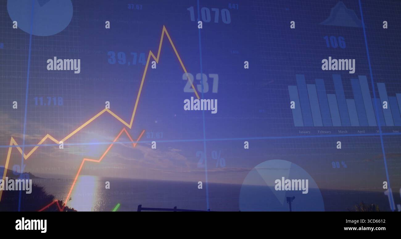 Falling Then Rising Showing yellow-orange line graph rising then falling at seaside, with ...