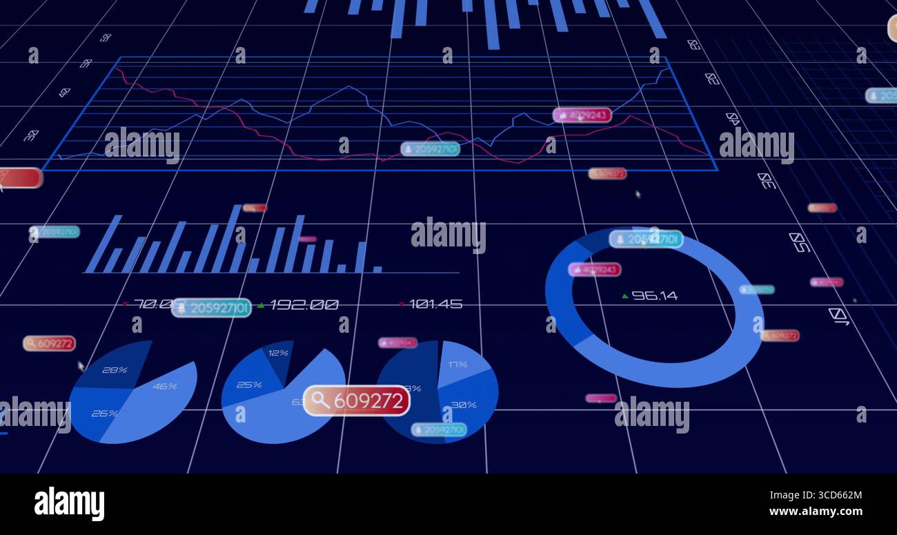 Displaying donut chart showing segmented blue ring on 3D grid plane, numeric labels, copy space Stock Photo