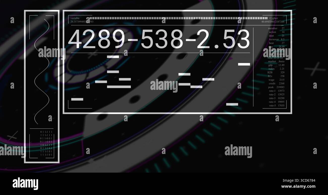 Displaying central numeric panel rotating data fragments in virtual HUD, with waveform binary panel Stock Photo