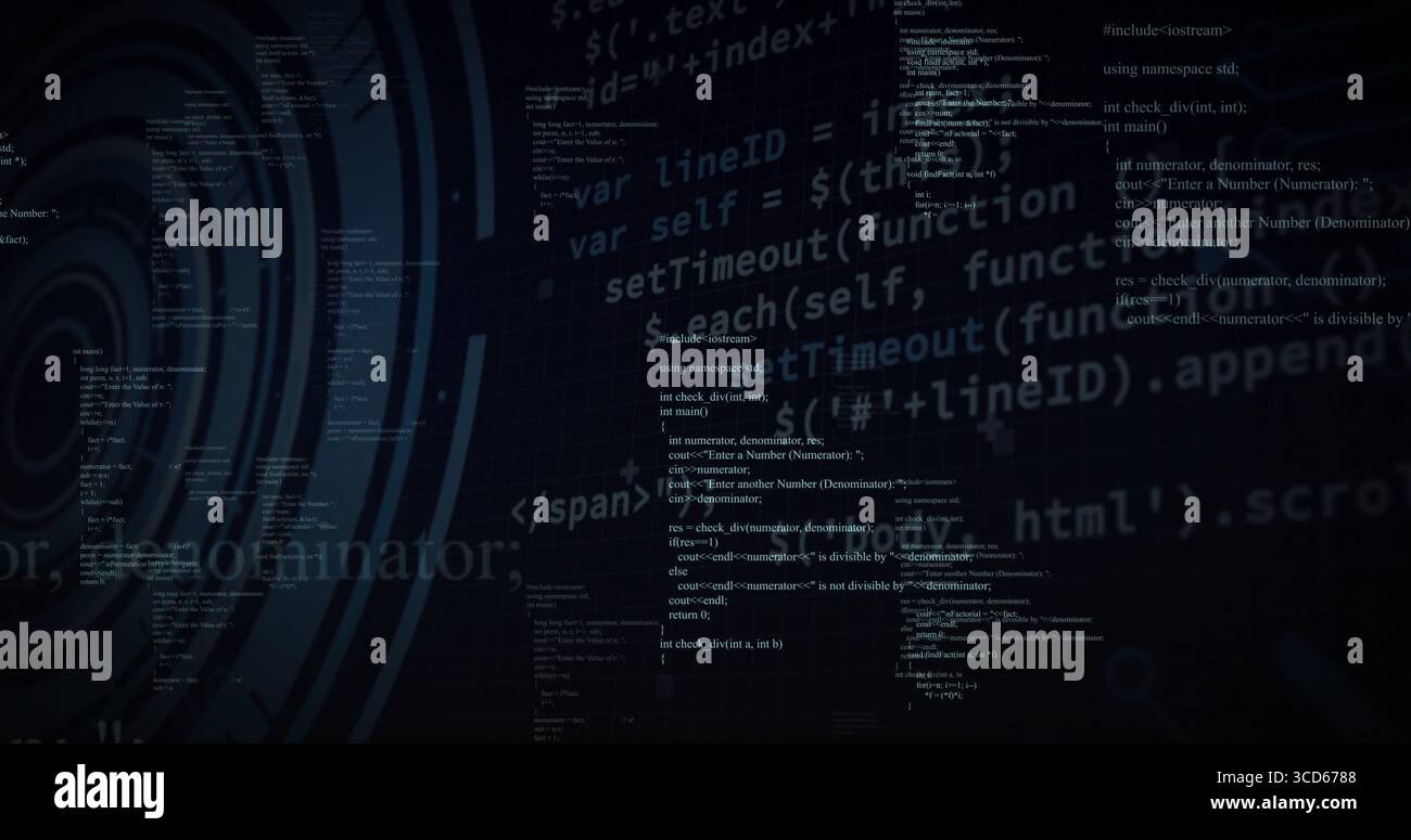 Displaying code column floating on grid overlay, with abstract circles and JavaScript C++ snippets Stock Photo