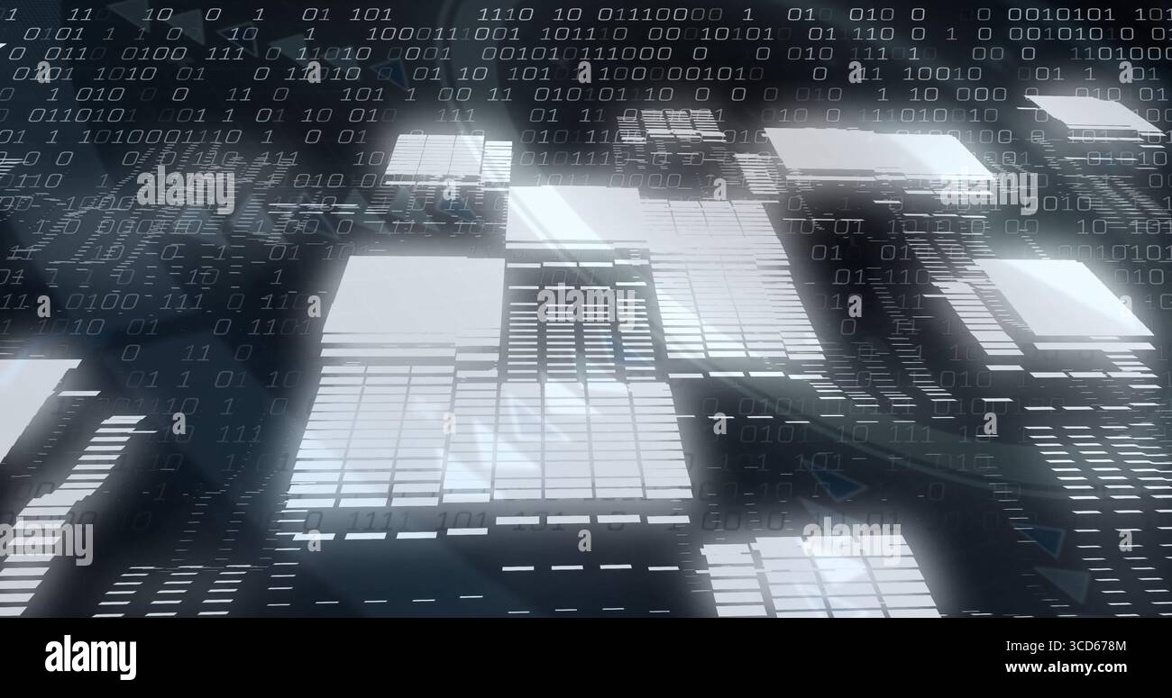 Floating illuminated data panels streaming across cyberspace grid, with binary code, light trails Stock Photo