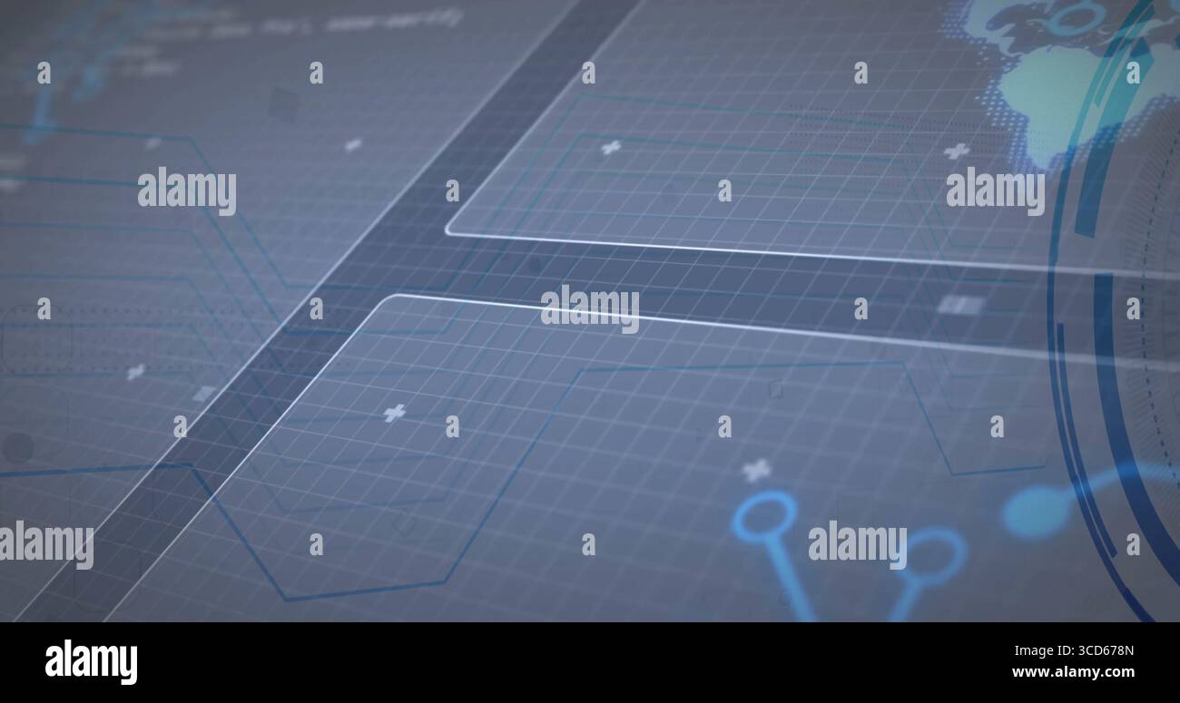 Displaying HUD interface in control panel, hex panels, grid net, circular HUD elements, world map Stock Photo