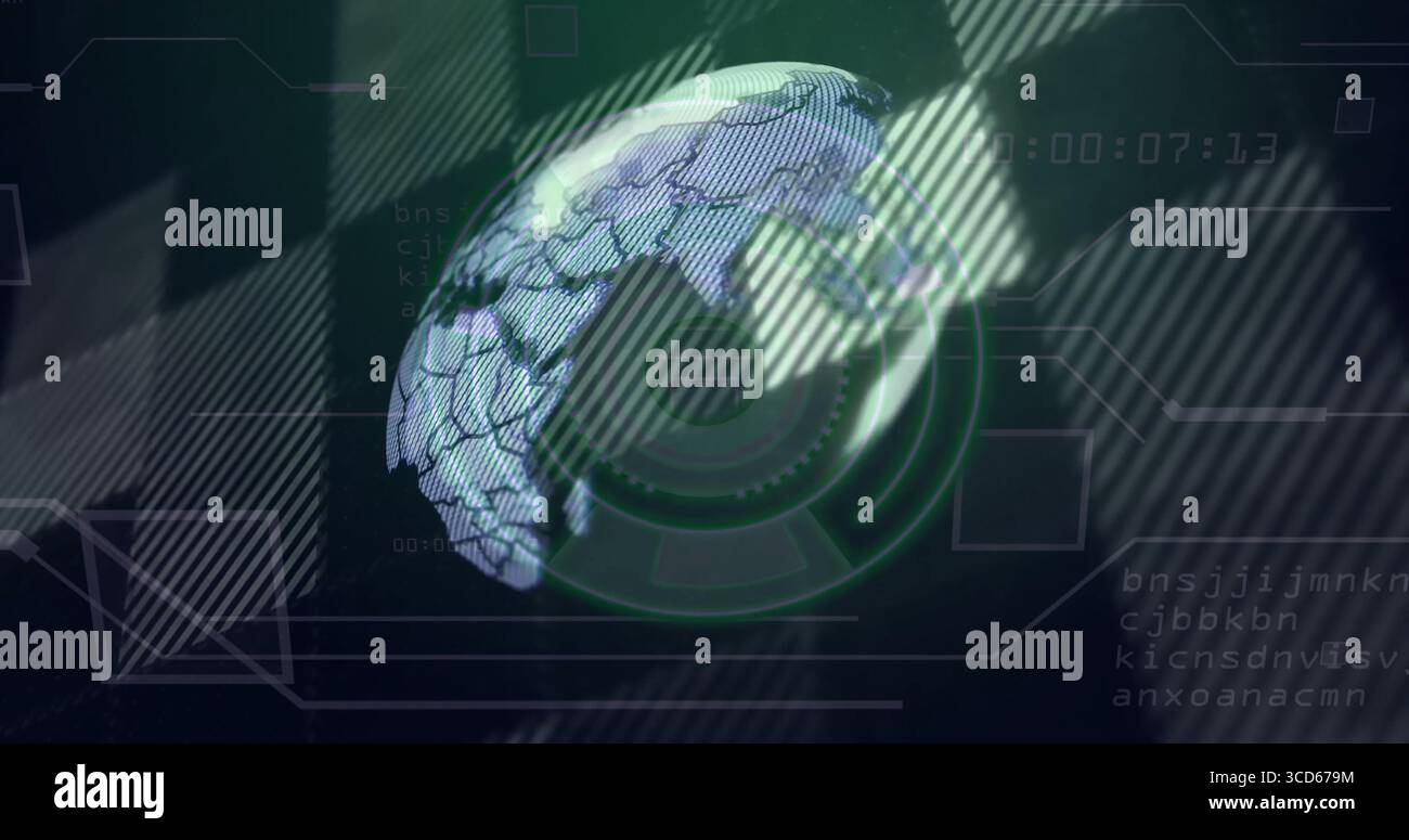 Displaying 3D globe with hex grid in digital interface, showing scanning rings and timestamp codes Stock Photo