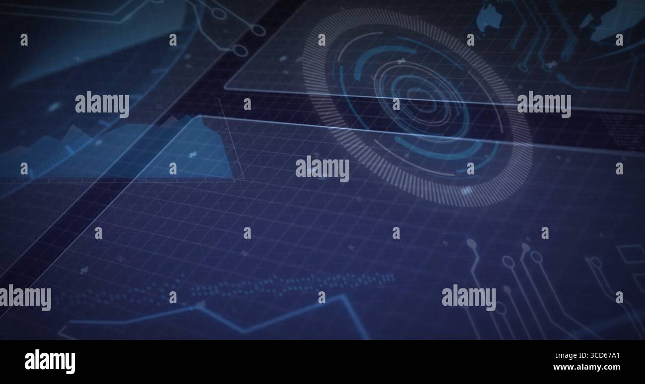 Displaying circular HUD element rotating in dashboard, with grid floor and data clusters Stock Photo
