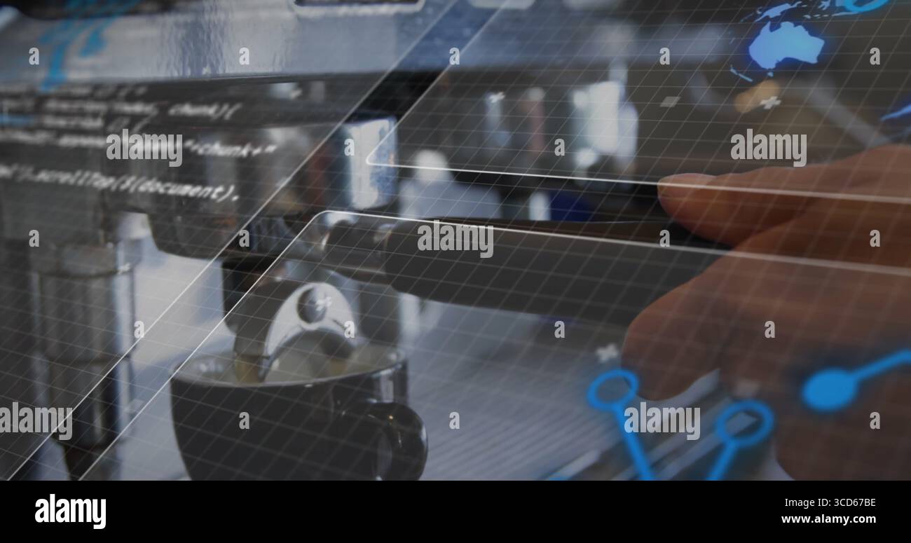 Touching metallic group head portafilter while displaying grid overlay in café, with code and map Stock Photo