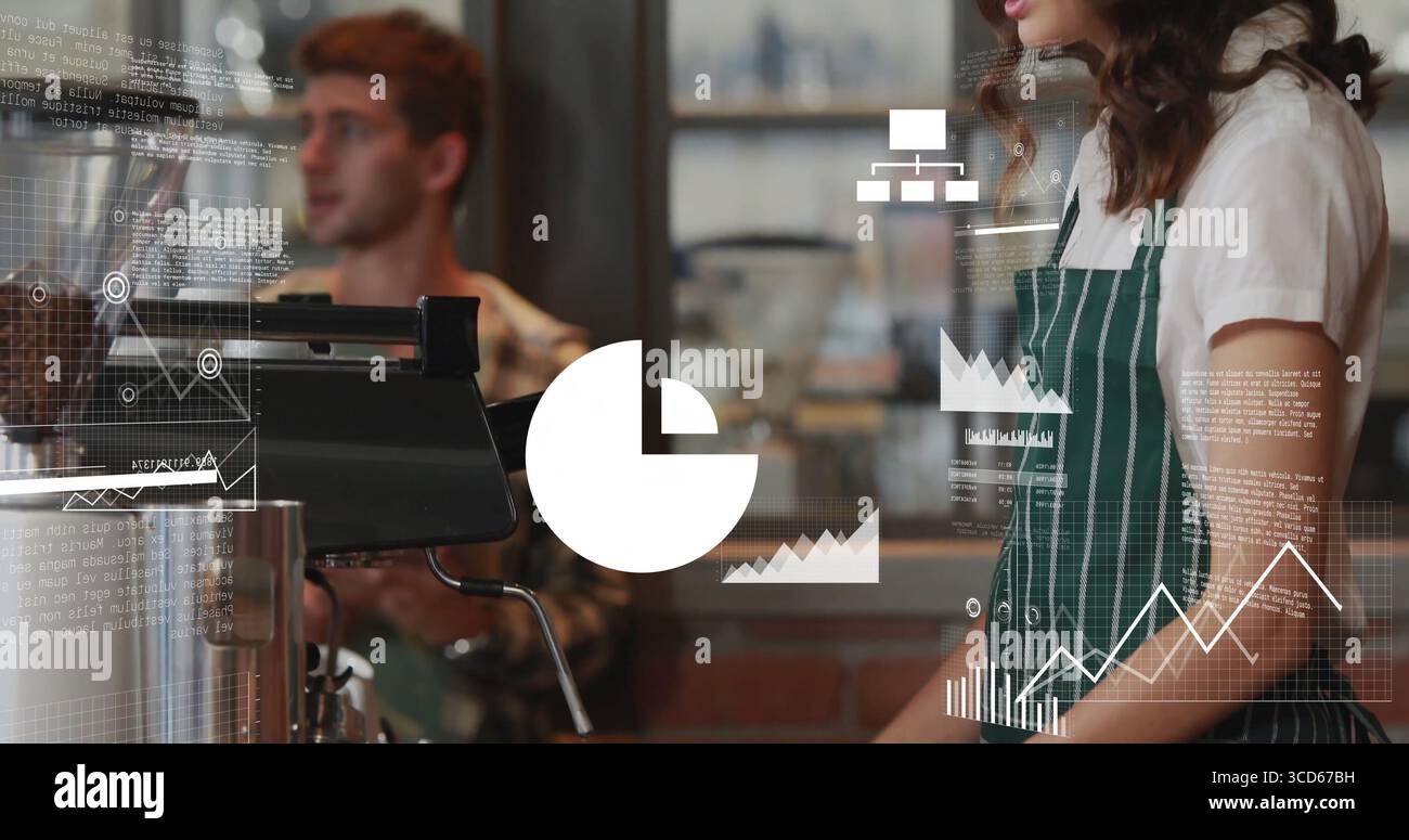 Operating female barista wearing green apron pulling espresso in busy ...