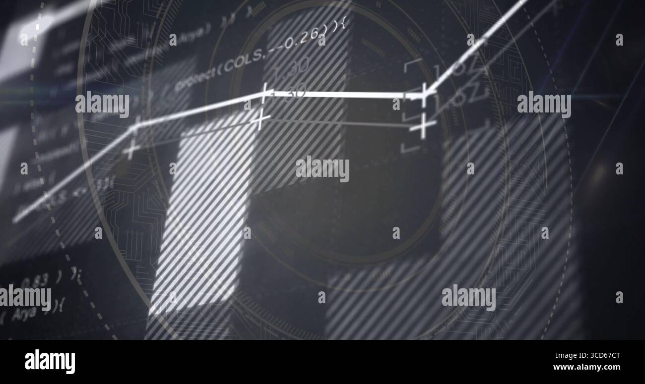 Displaying white graph line with data markers spanning digital screen grid, showing code snippet Stock Photo