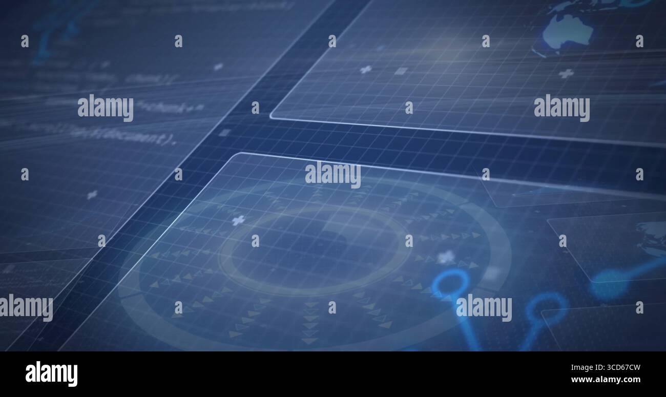 Displaying circular radar HUD element in virtual dashboard, with data panels and code overlays Stock Photo