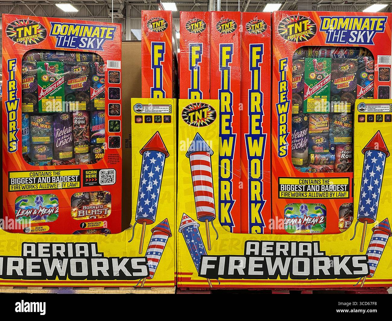 Large boxes of fireworks for sale in a wholesale store - Smartphone Captured Stock Image