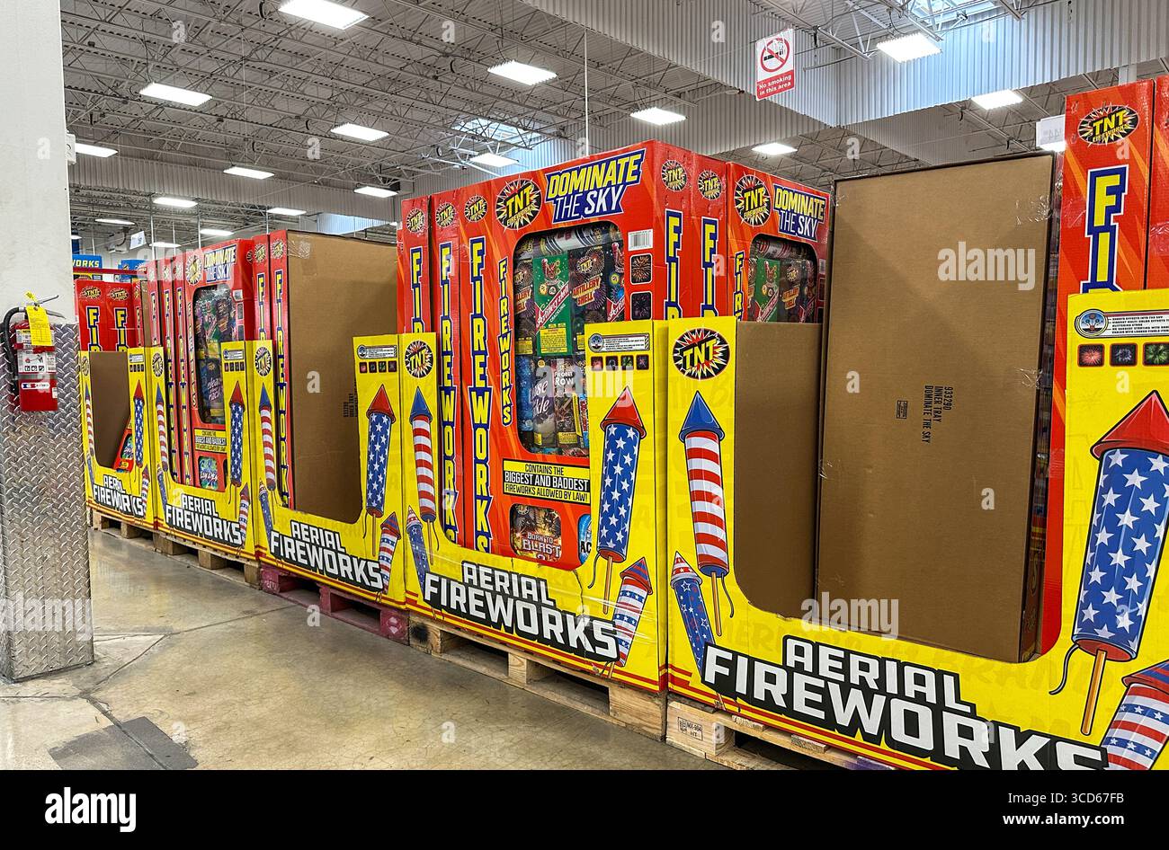 Large boxes of fireworks for sale in a wholesale store - Smartphone Captured Stock Image