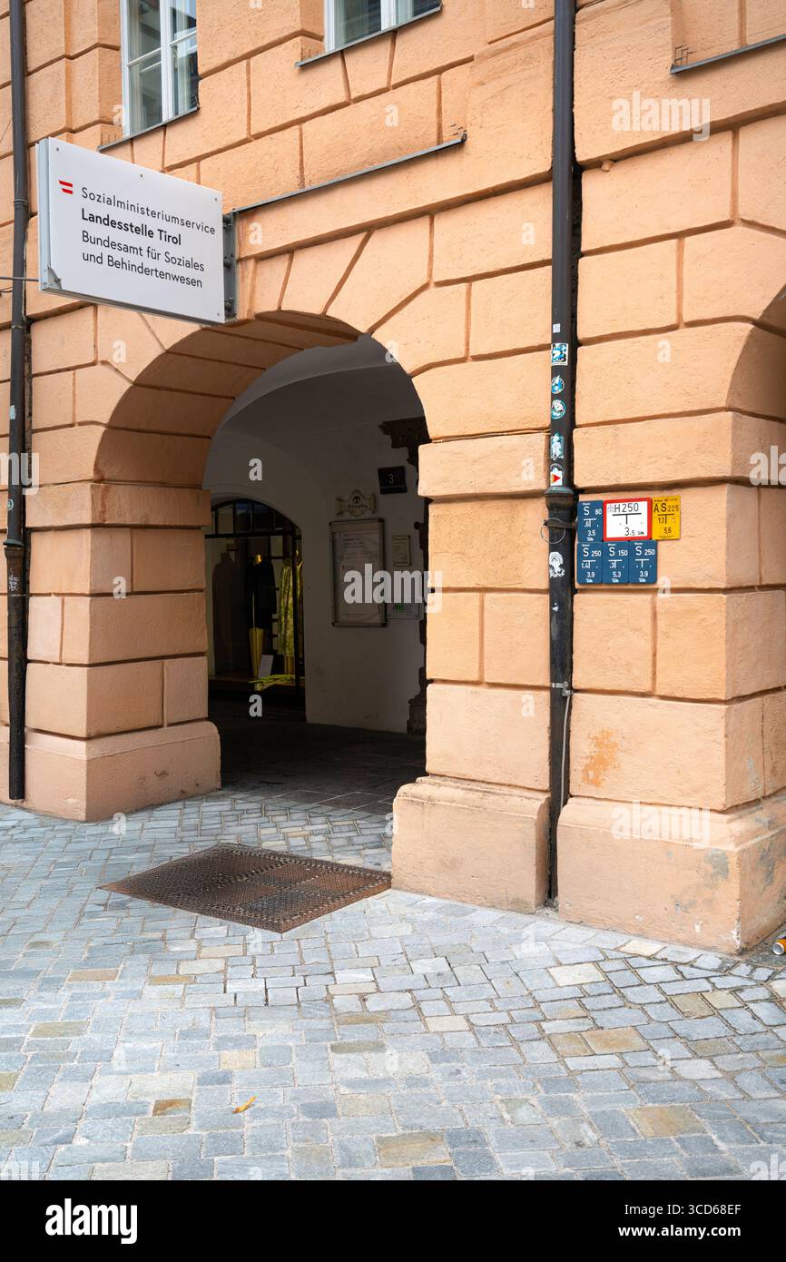 Innsbruck, Austria.  August 1, 2025. External view of the Federal Office for Social Affairs and Disability site in the city center Stock Photo