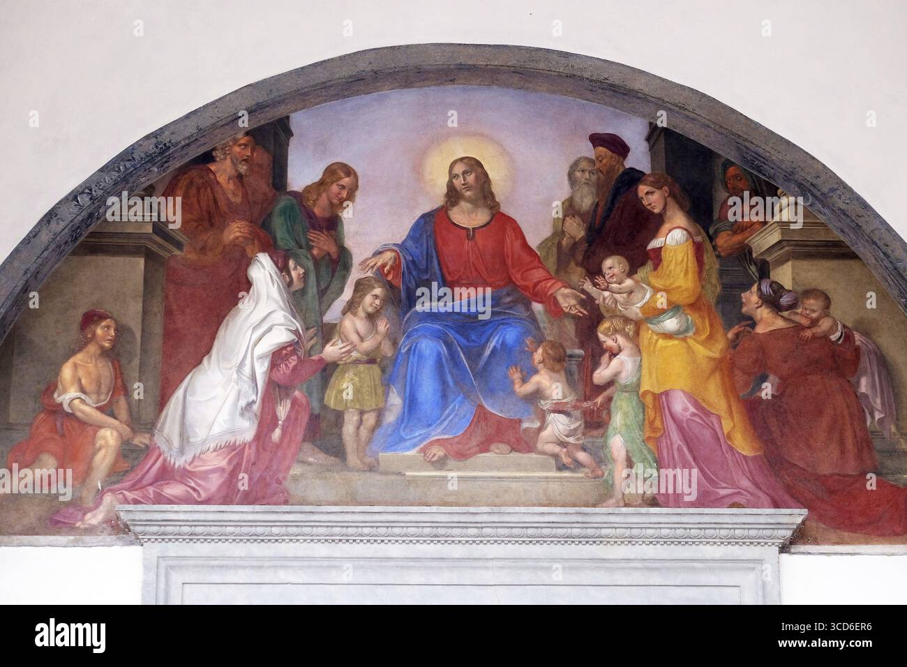 Jesus blesses the children, frescoed lunette, Ospedale degli Innocenti - Exterior arcade, Florence, Italy Stock Photo